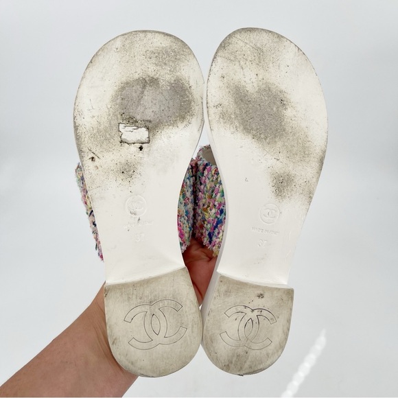 Chanel Cruise 2023 White Leather Multicolor Tweed CC Logo Slide Sandals EU 37 - Picture 8 of 11